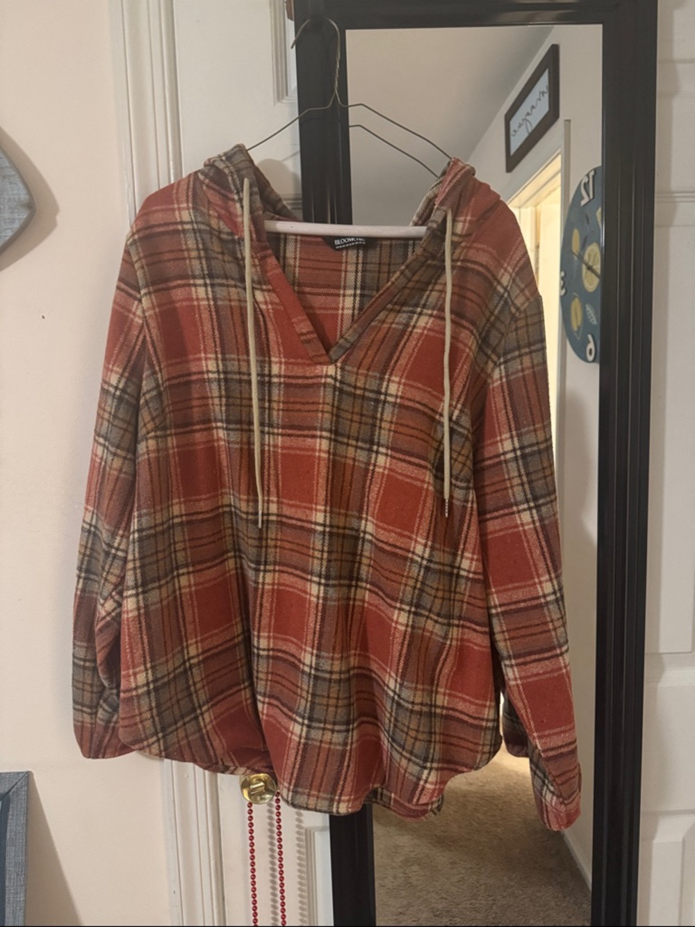 Plaid Hooded Pullover Shirt - Rust Multi